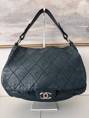 CHANEL Quilted Shoulder in Dark Teal with Silver Hardware ON THE ROAD FLAP LARGE